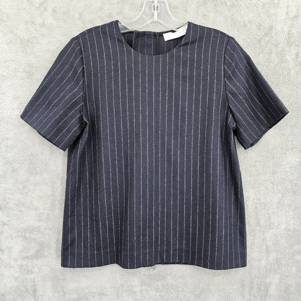 Everlane Boxy Flannel Top 4 Dark Blue Grey Pinstripe Wool Cashmere Faux Back Zip